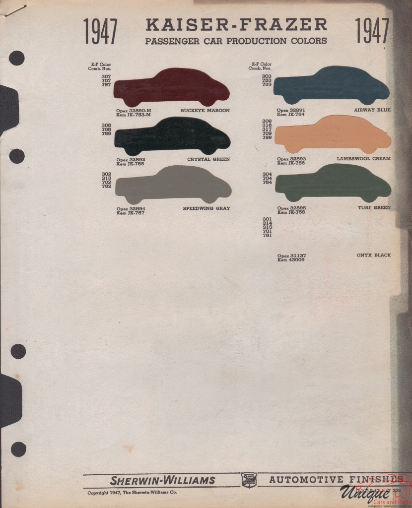 1947 Kaiser Paint Charts Williams 1
